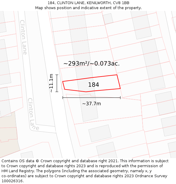 184, CLINTON LANE, KENILWORTH, CV8 1BB: Plot and title map