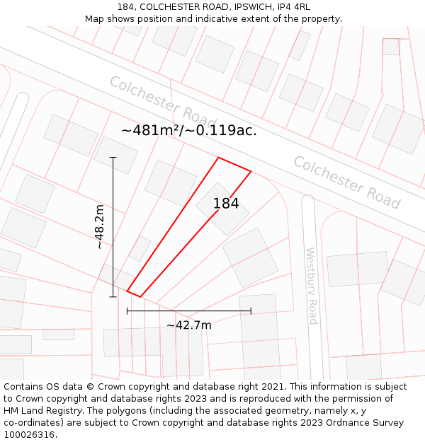 184, COLCHESTER ROAD, IPSWICH, IP4 4RL: Plot and title map