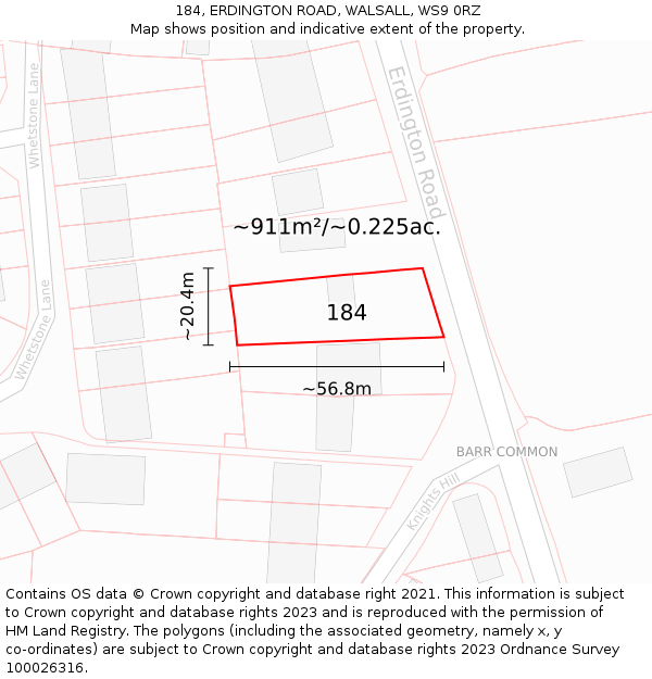 184, ERDINGTON ROAD, WALSALL, WS9 0RZ: Plot and title map