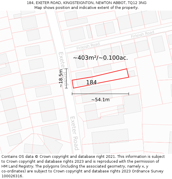 184, EXETER ROAD, KINGSTEIGNTON, NEWTON ABBOT, TQ12 3NG: Plot and title map