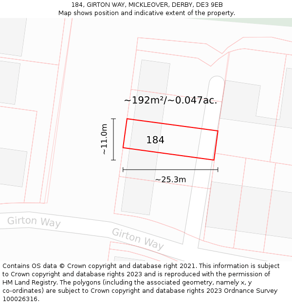 184, GIRTON WAY, MICKLEOVER, DERBY, DE3 9EB: Plot and title map