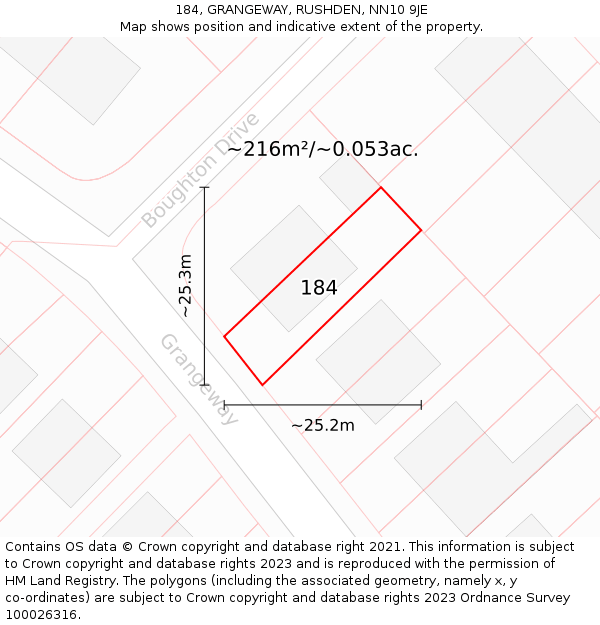 184, GRANGEWAY, RUSHDEN, NN10 9JE: Plot and title map