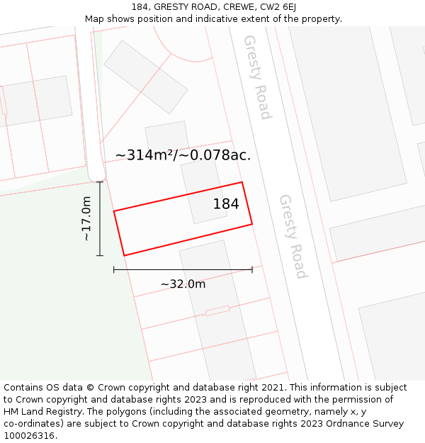 184, GRESTY ROAD, CREWE, CW2 6EJ: Plot and title map