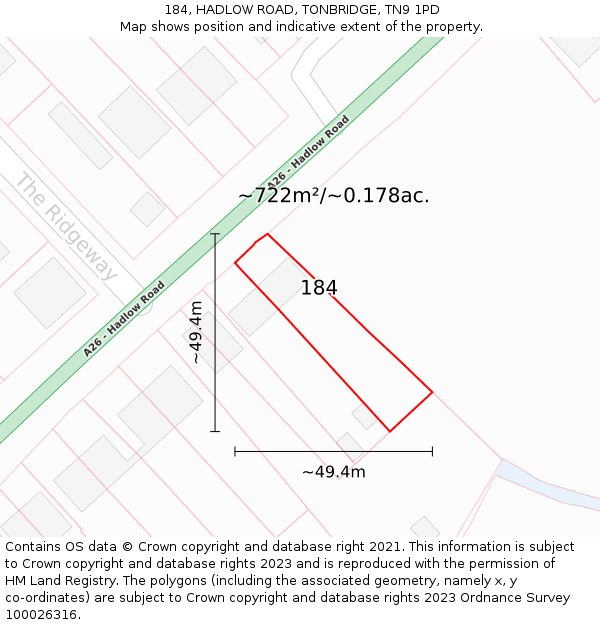 184, HADLOW ROAD, TONBRIDGE, TN9 1PD: Plot and title map