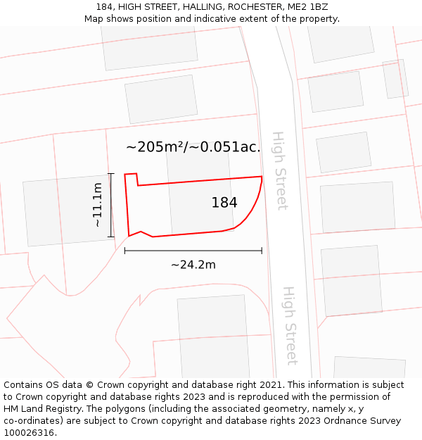 184, HIGH STREET, HALLING, ROCHESTER, ME2 1BZ: Plot and title map