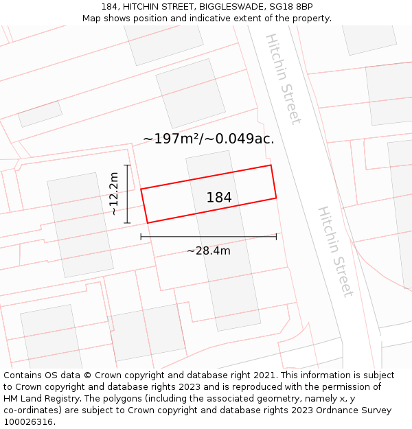 184, HITCHIN STREET, BIGGLESWADE, SG18 8BP: Plot and title map