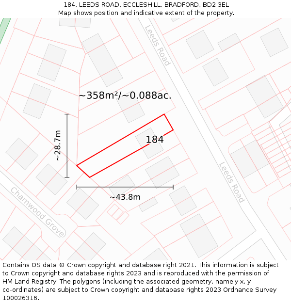 184, LEEDS ROAD, ECCLESHILL, BRADFORD, BD2 3EL: Plot and title map