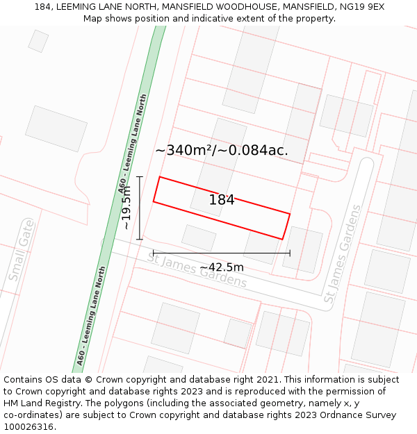 184, LEEMING LANE NORTH, MANSFIELD WOODHOUSE, MANSFIELD, NG19 9EX: Plot and title map