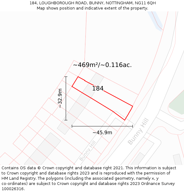 184, LOUGHBOROUGH ROAD, BUNNY, NOTTINGHAM, NG11 6QH: Plot and title map