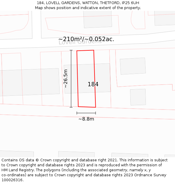 184, LOVELL GARDENS, WATTON, THETFORD, IP25 6UH: Plot and title map