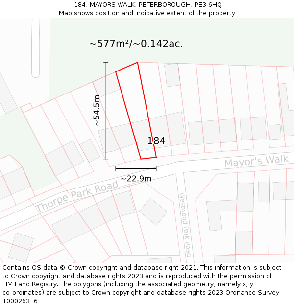 184, MAYORS WALK, PETERBOROUGH, PE3 6HQ: Plot and title map