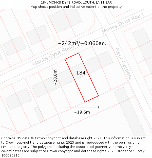 184, MONKS DYKE ROAD, LOUTH, LN11 8AR: Plot and title map