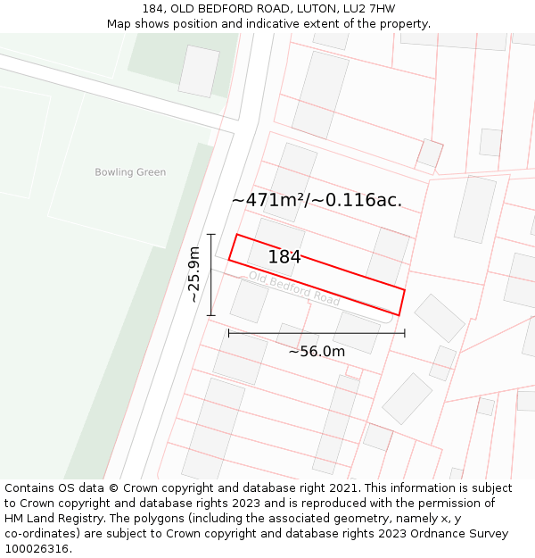 184, OLD BEDFORD ROAD, LUTON, LU2 7HW: Plot and title map