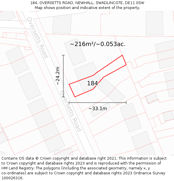 184, OVERSETTS ROAD, NEWHALL, SWADLINCOTE, DE11 0SW: Plot and title map