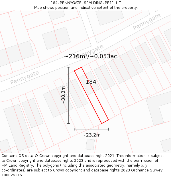 184, PENNYGATE, SPALDING, PE11 1LT: Plot and title map