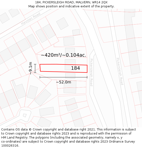 184, PICKERSLEIGH ROAD, MALVERN, WR14 2QX: Plot and title map