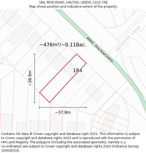 184, RING ROAD, HALTON, LEEDS, LS15 7AE: Plot and title map