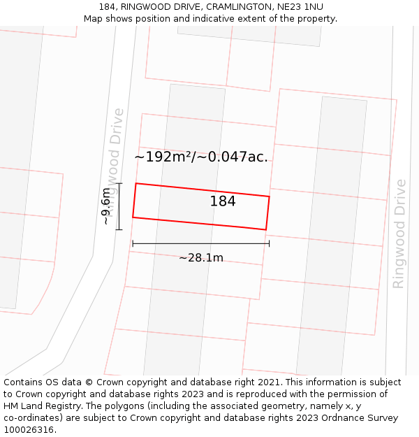 184, RINGWOOD DRIVE, CRAMLINGTON, NE23 1NU: Plot and title map