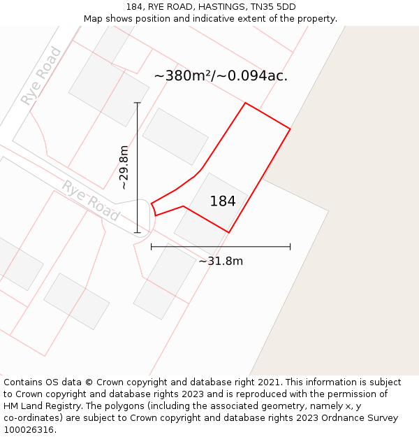 184, RYE ROAD, HASTINGS, TN35 5DD: Plot and title map