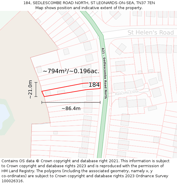 184, SEDLESCOMBE ROAD NORTH, ST LEONARDS-ON-SEA, TN37 7EN: Plot and title map