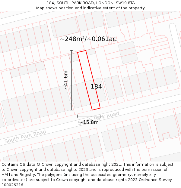 184, SOUTH PARK ROAD, LONDON, SW19 8TA: Plot and title map