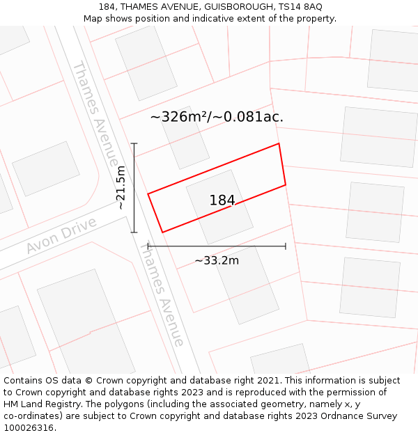 184, THAMES AVENUE, GUISBOROUGH, TS14 8AQ: Plot and title map