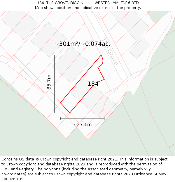 184, THE GROVE, BIGGIN HILL, WESTERHAM, TN16 3TD: Plot and title map