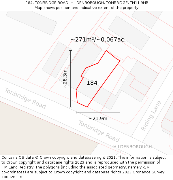 184, TONBRIDGE ROAD, HILDENBOROUGH, TONBRIDGE, TN11 9HR: Plot and title map