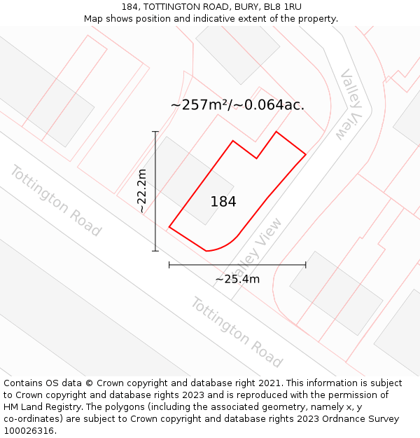 184, TOTTINGTON ROAD, BURY, BL8 1RU: Plot and title map