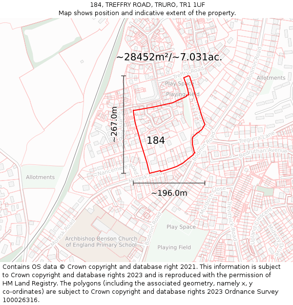 184, TREFFRY ROAD, TRURO, TR1 1UF: Plot and title map