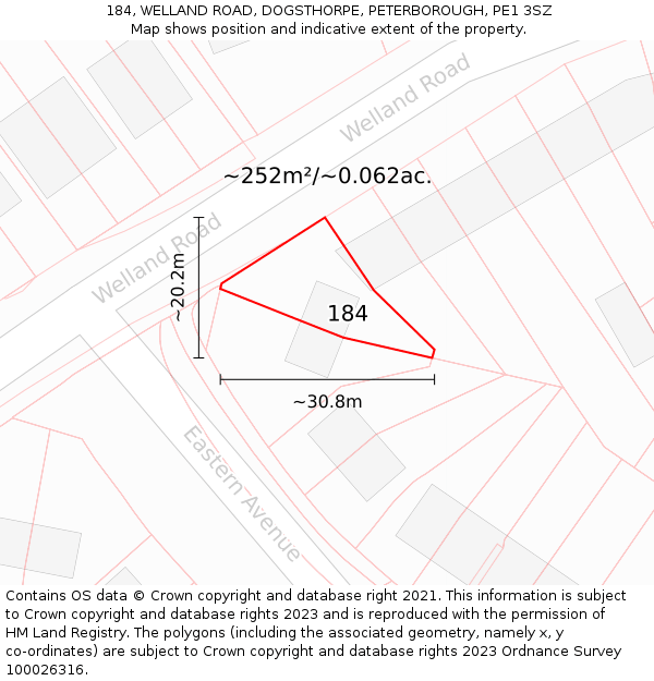 184, WELLAND ROAD, DOGSTHORPE, PETERBOROUGH, PE1 3SZ: Plot and title map