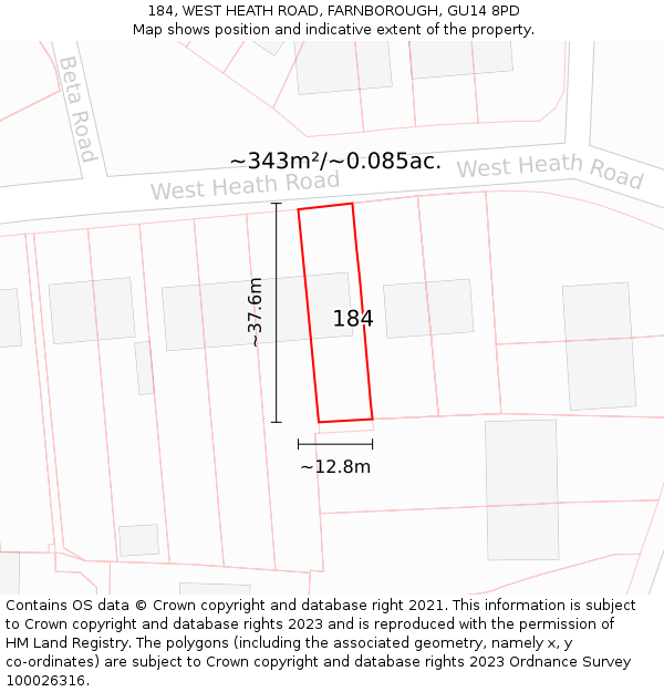 184, WEST HEATH ROAD, FARNBOROUGH, GU14 8PD: Plot and title map