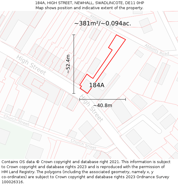 184A, HIGH STREET, NEWHALL, SWADLINCOTE, DE11 0HP: Plot and title map