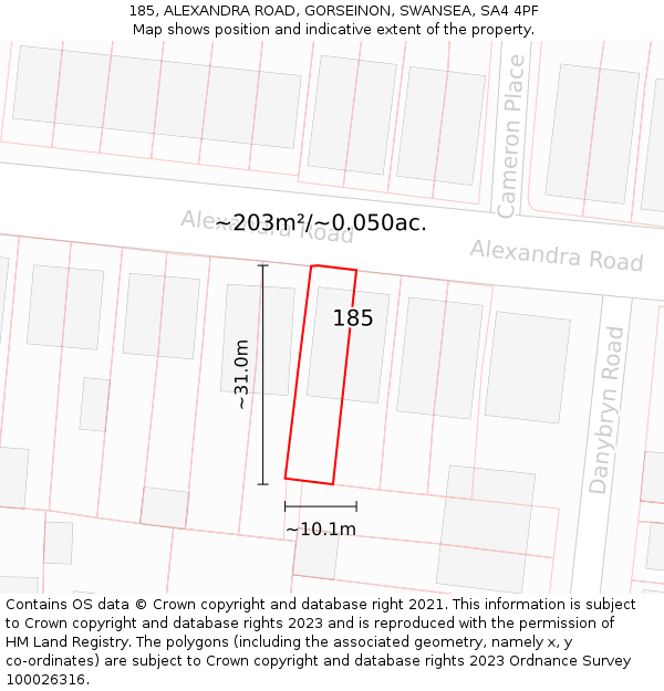 185, ALEXANDRA ROAD, GORSEINON, SWANSEA, SA4 4PF: Plot and title map