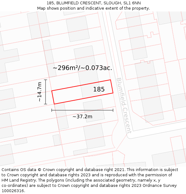 185, BLUMFIELD CRESCENT, SLOUGH, SL1 6NN: Plot and title map