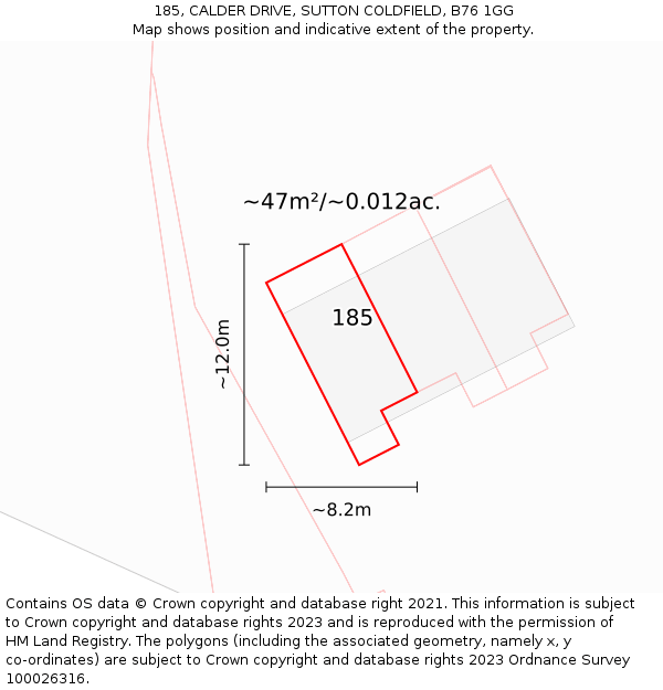 185, CALDER DRIVE, SUTTON COLDFIELD, B76 1GG: Plot and title map