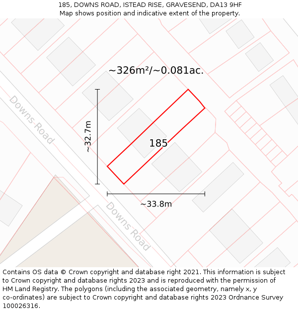 185, DOWNS ROAD, ISTEAD RISE, GRAVESEND, DA13 9HF: Plot and title map