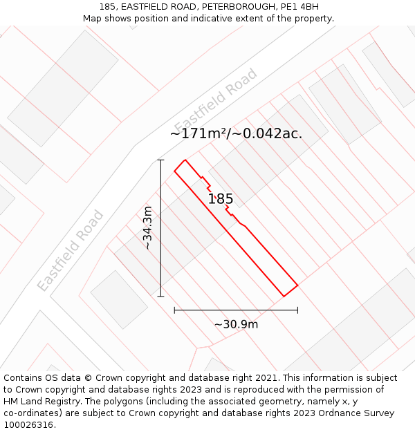 185, EASTFIELD ROAD, PETERBOROUGH, PE1 4BH: Plot and title map