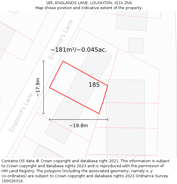 185, ENGLANDS LANE, LOUGHTON, IG10 2NS: Plot and title map