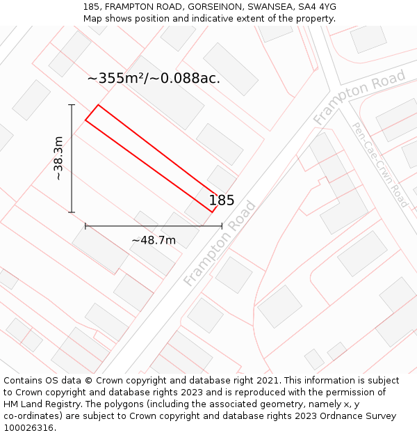 185, FRAMPTON ROAD, GORSEINON, SWANSEA, SA4 4YG: Plot and title map