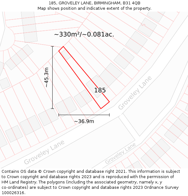 185, GROVELEY LANE, BIRMINGHAM, B31 4QB: Plot and title map