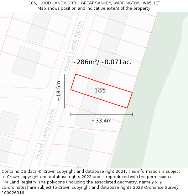 185, HOOD LANE NORTH, GREAT SANKEY, WARRINGTON, WA5 1ET: Plot and title map