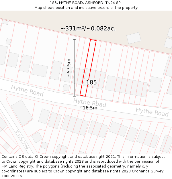 185, HYTHE ROAD, ASHFORD, TN24 8PL: Plot and title map