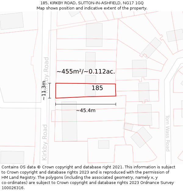 185, KIRKBY ROAD, SUTTON-IN-ASHFIELD, NG17 1GQ: Plot and title map