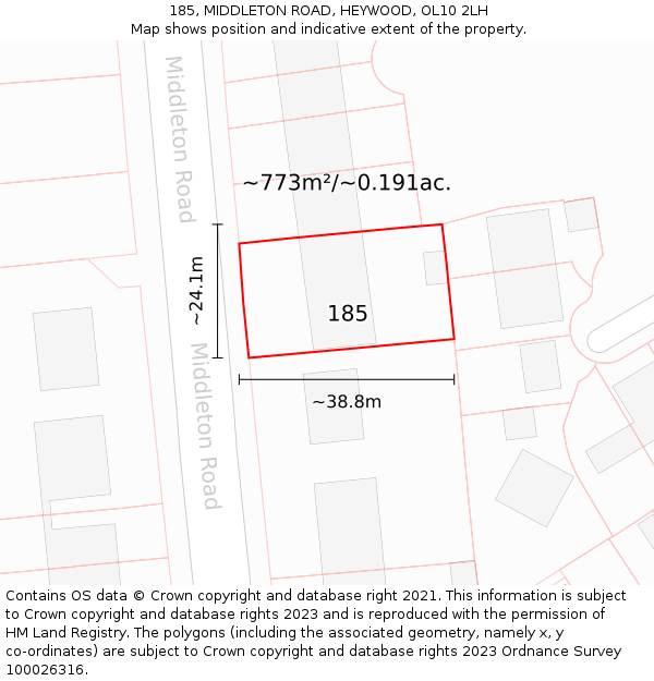 185, MIDDLETON ROAD, HEYWOOD, OL10 2LH: Plot and title map