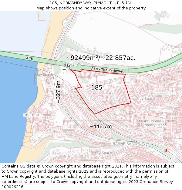 185, NORMANDY WAY, PLYMOUTH, PL5 1NL: Plot and title map