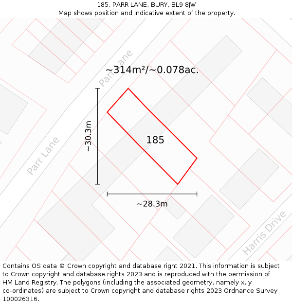 185, PARR LANE, BURY, BL9 8JW: Plot and title map