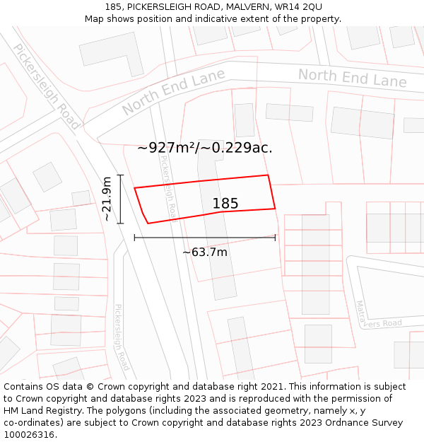 185, PICKERSLEIGH ROAD, MALVERN, WR14 2QU: Plot and title map