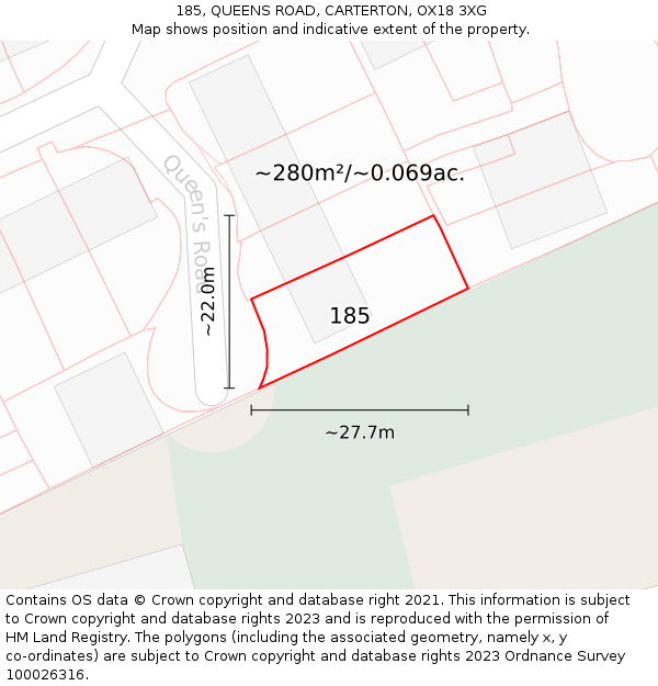 185, QUEENS ROAD, CARTERTON, OX18 3XG: Plot and title map