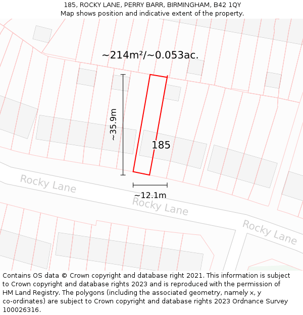 185, ROCKY LANE, PERRY BARR, BIRMINGHAM, B42 1QY: Plot and title map